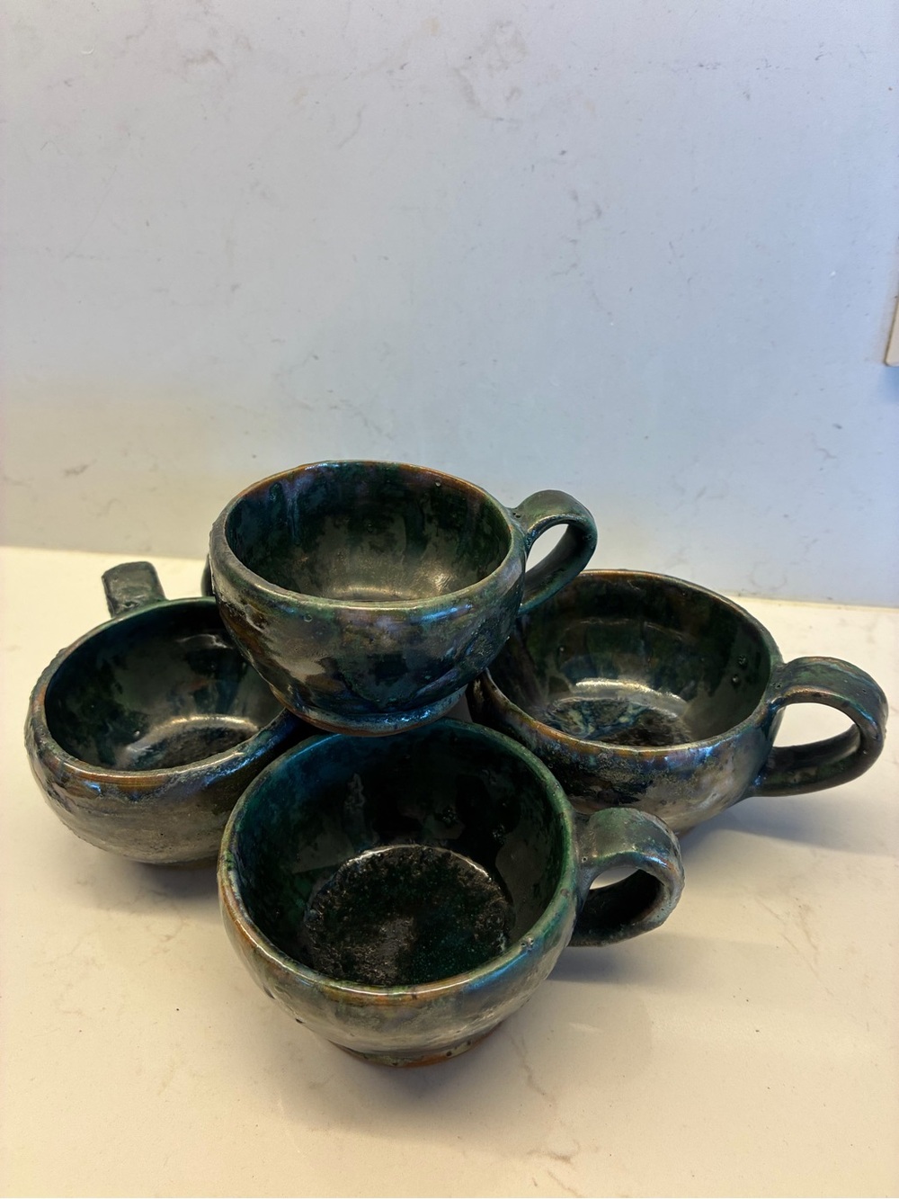 Vintage Handmade Green-Blue Ceramic Coffee Cups - Set of 5